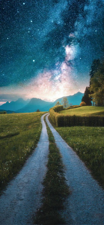 Beautiful mountain path under the nebula