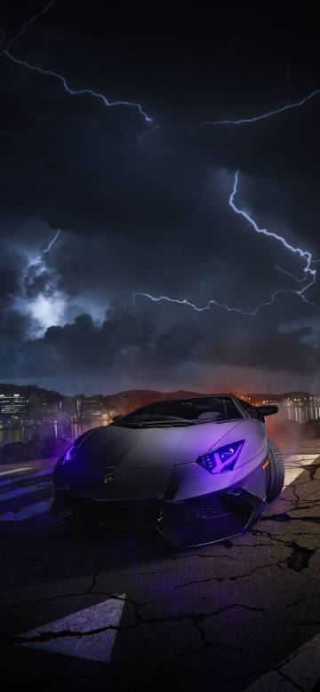 Cool sports car in the night during thunderstorm