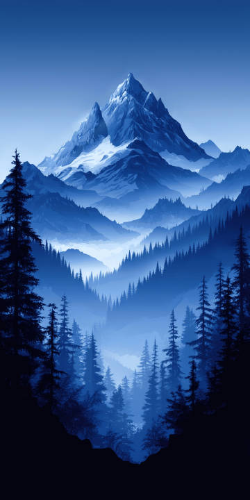 Snow-capped mountains covered in blue mist