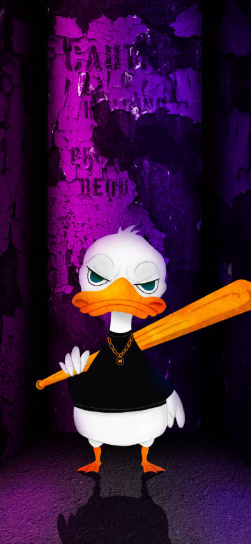 An anthropomorphic duck wearing a golden necklace