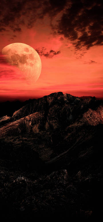 A huge full moon hangs in the orange-red sky