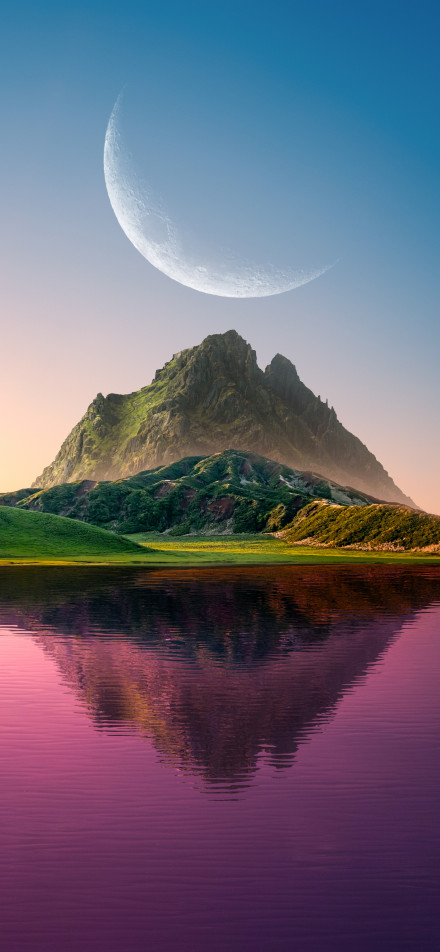 Dreamy lake, mountain and crescent moon