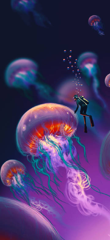 Diver meets glowing jellyfish