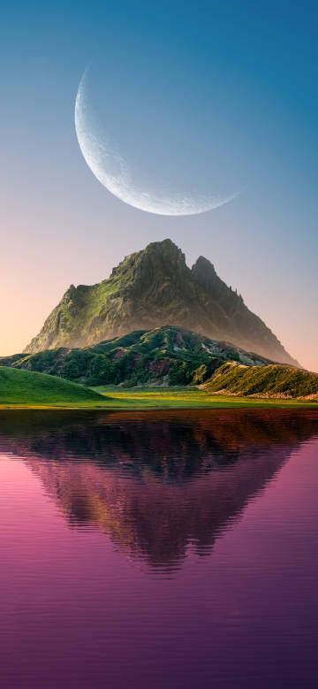Dreamy lake, mountain and crescent moon