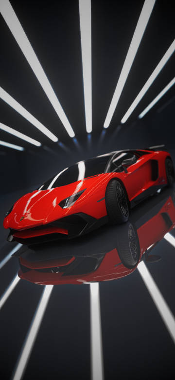 Red sports car surrounded by lights