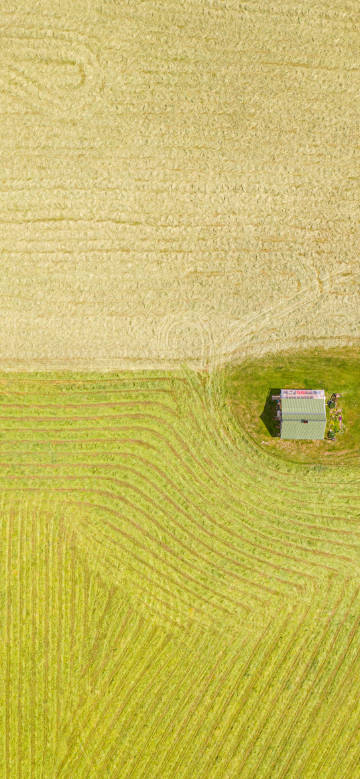Aerial view of fields and cottage