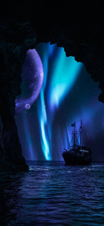 Cave and ship under the aurora