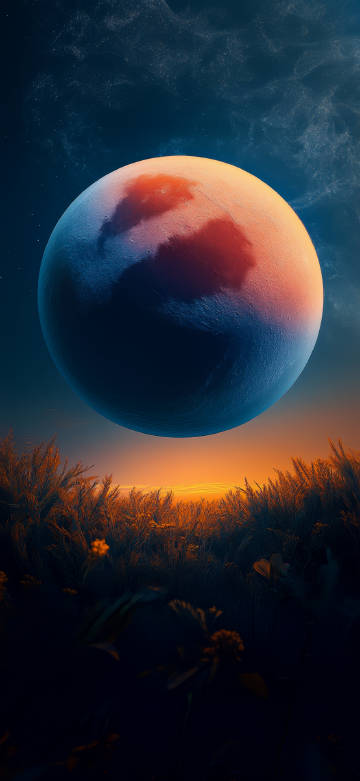 Large planet above the grass 4k phone wallpaper