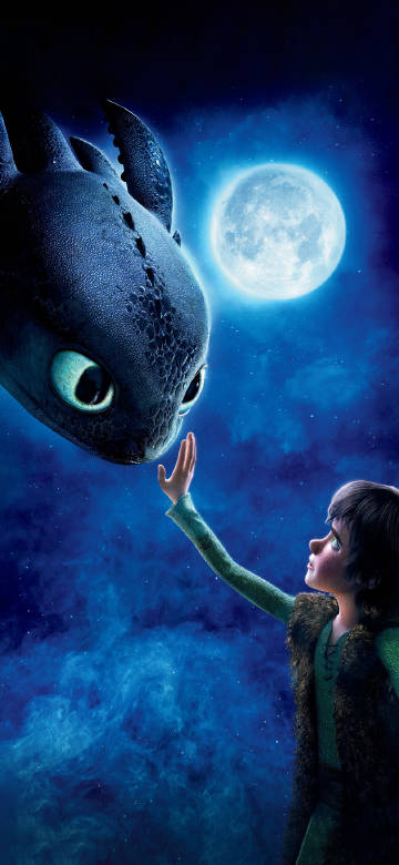 How to Train Your Dragon:Boy and black dragon in moonlight