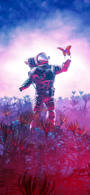Astronaut and butterfly among magical plants