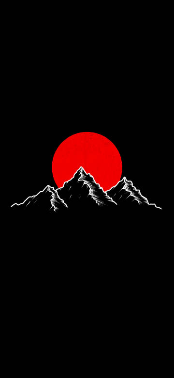 Mountain silhouette under red sun
