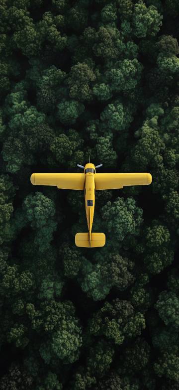Yellow plane flying over the forest