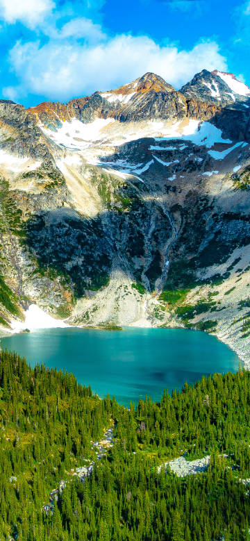 Clear lake beside Snow-Capped mountains and forests