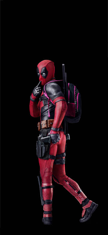 Deadpool showing off with backpack against black background