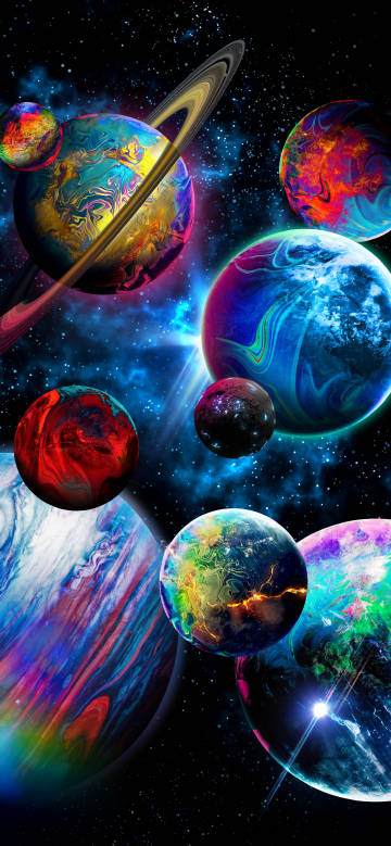 Group of colorful planets under the starry sky