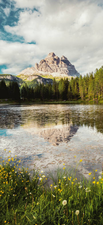 Natural scenery by the lake in the dolomites