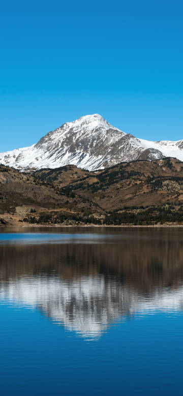 Snow-capped mountain’s beautiful reflection in the lake