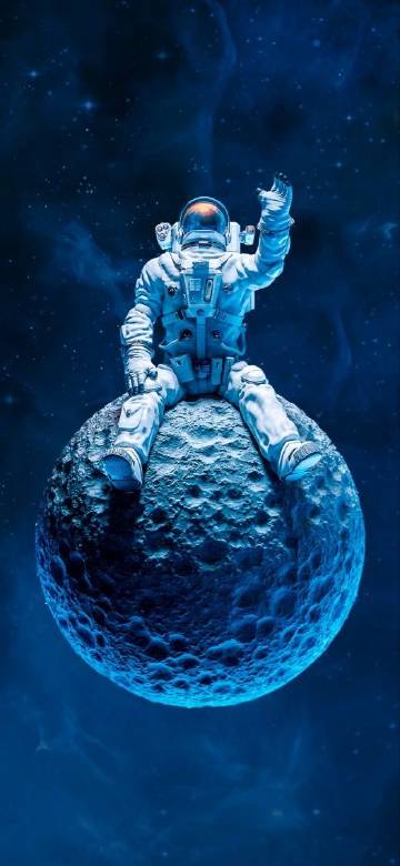 Astronaut waving while sitting on a planet