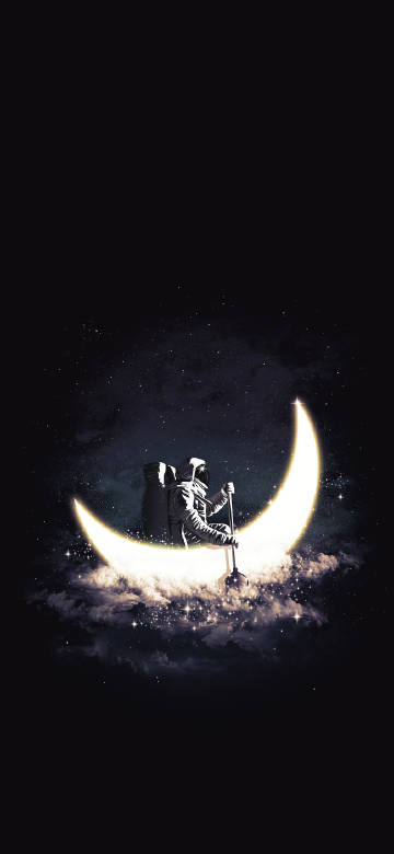 Astronaut rowing on glowing crescent