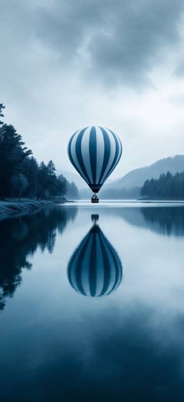 Blue and white striped hot air balloon over the Lake