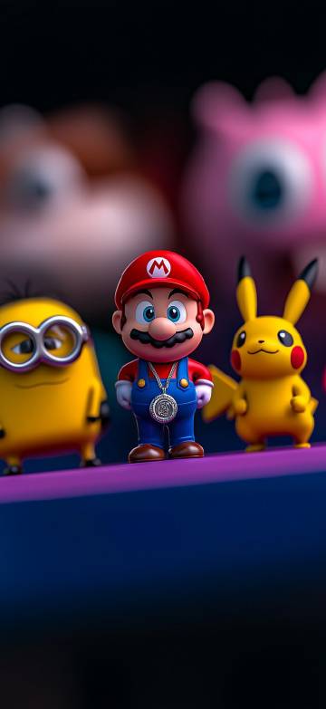 Mario standing between pikachu and minion