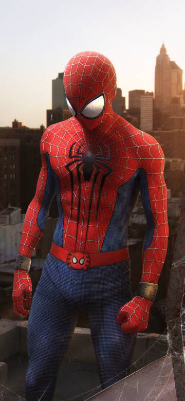 Spider-Man’s heroic posture in front of city skyscrapers