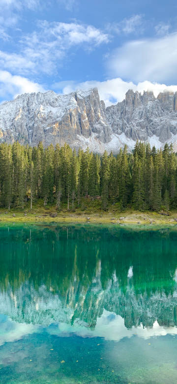 Serene lake and majestic snowy mountains and forests