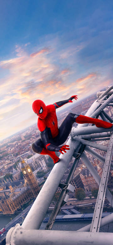 Spider-Man strikes a fighting stance on a city rooftop