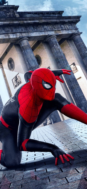 Spider-Man’s agile pose in front of classical architecture