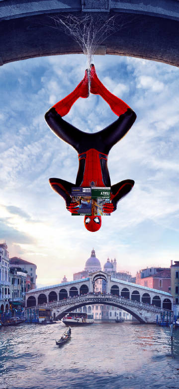 Spider-Man hanging upside down on a venice bridge