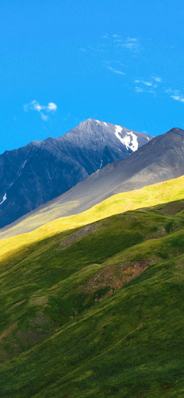 Green slopes under snow-capped mountains