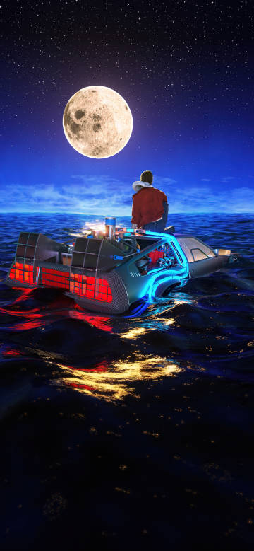 A lone traveler on the sea under starry sky