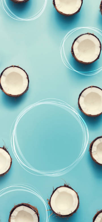 Coconut slices against a light blue background