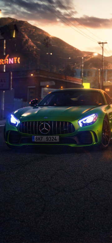 Charm of the green Mercedes-Benz on the dusk street