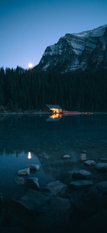 Mountain, water and lake in moonlight phone wallpaper