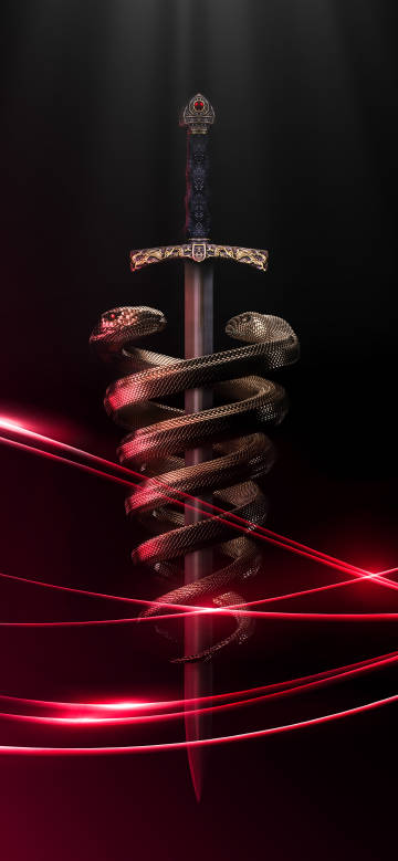 A snake wrapped around an ornately decorated sword