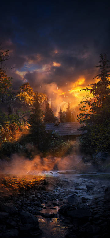 Forest waterfall at dusk