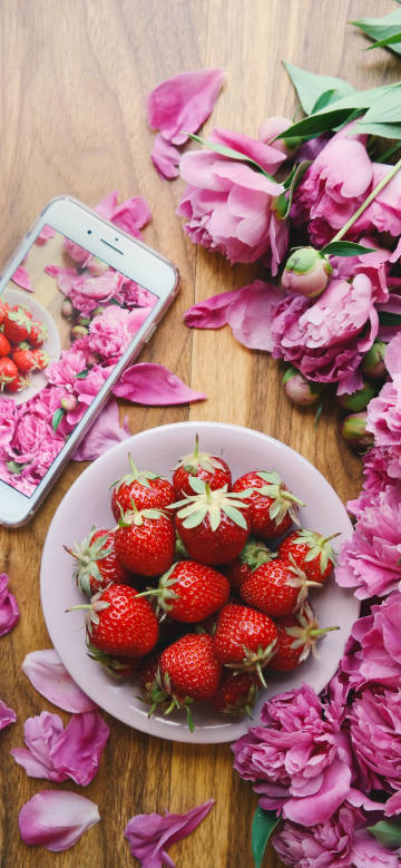 Flowers and strawberries on wooden board