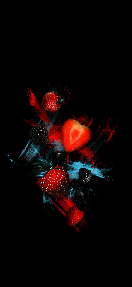 Strawberries, blackberries and other fruits on black background
