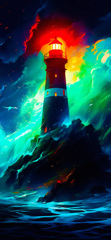 Vivid Red And Teal Lighthouse Oil Painting Wallpaper 4K