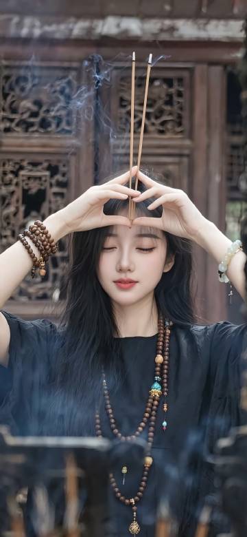 Serene Girl Praying with Incense Temple Wallpaper