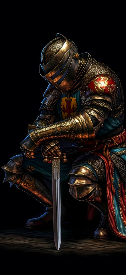 Medieval Knight Kneeling With Sword 4K Wallpaper