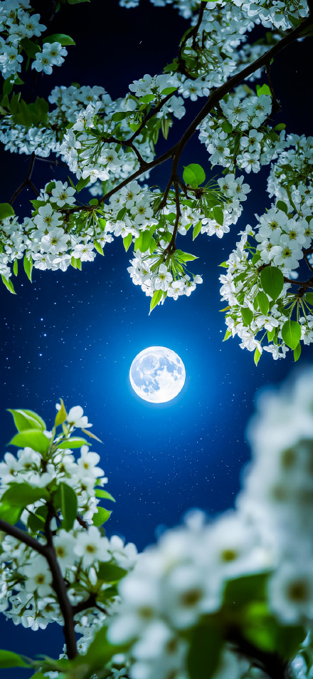 Full Moon Surrounded by White Flowers 4K UHD Wallpaper