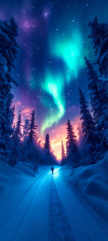 Skiing alone, Aurora Snow Scenery Phone Wallpaper