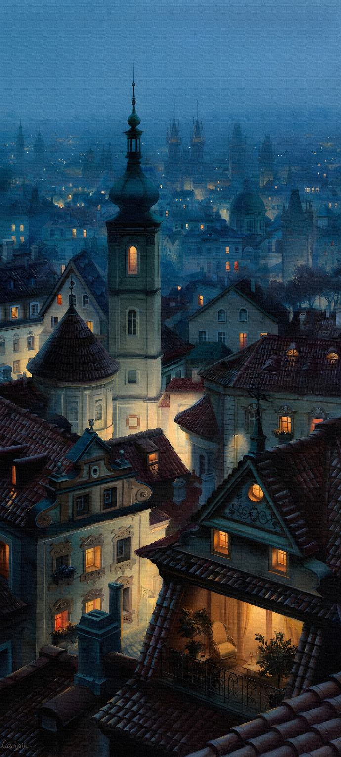 European Town Oil Painting Style Phone Wallpaper